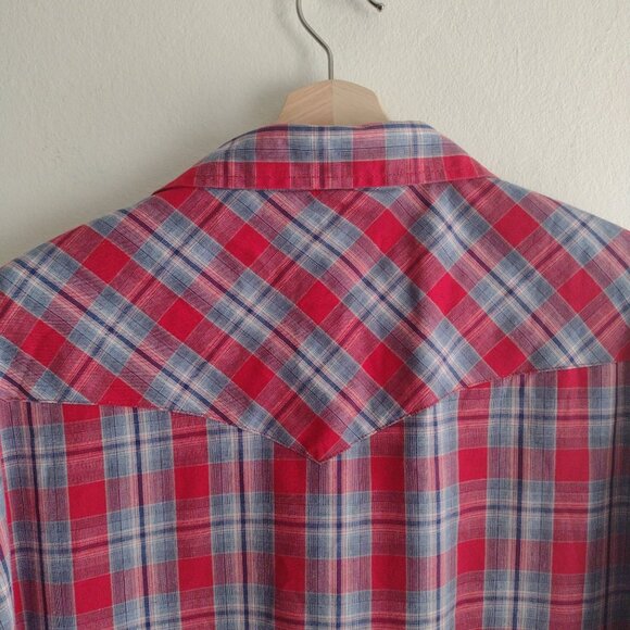 Wrangler Vintage Mens Western Shirt XXL Pearl Snap Red Blue Check Cowboy - Picture 8 of 9